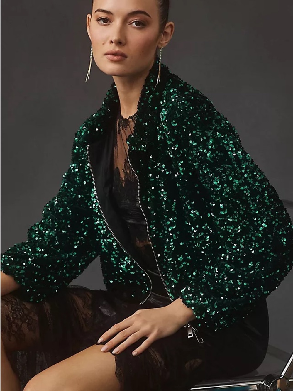 Green Sequin Bomber Jacket - Women